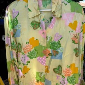 Escada Floral Silk Top in Pink and Green